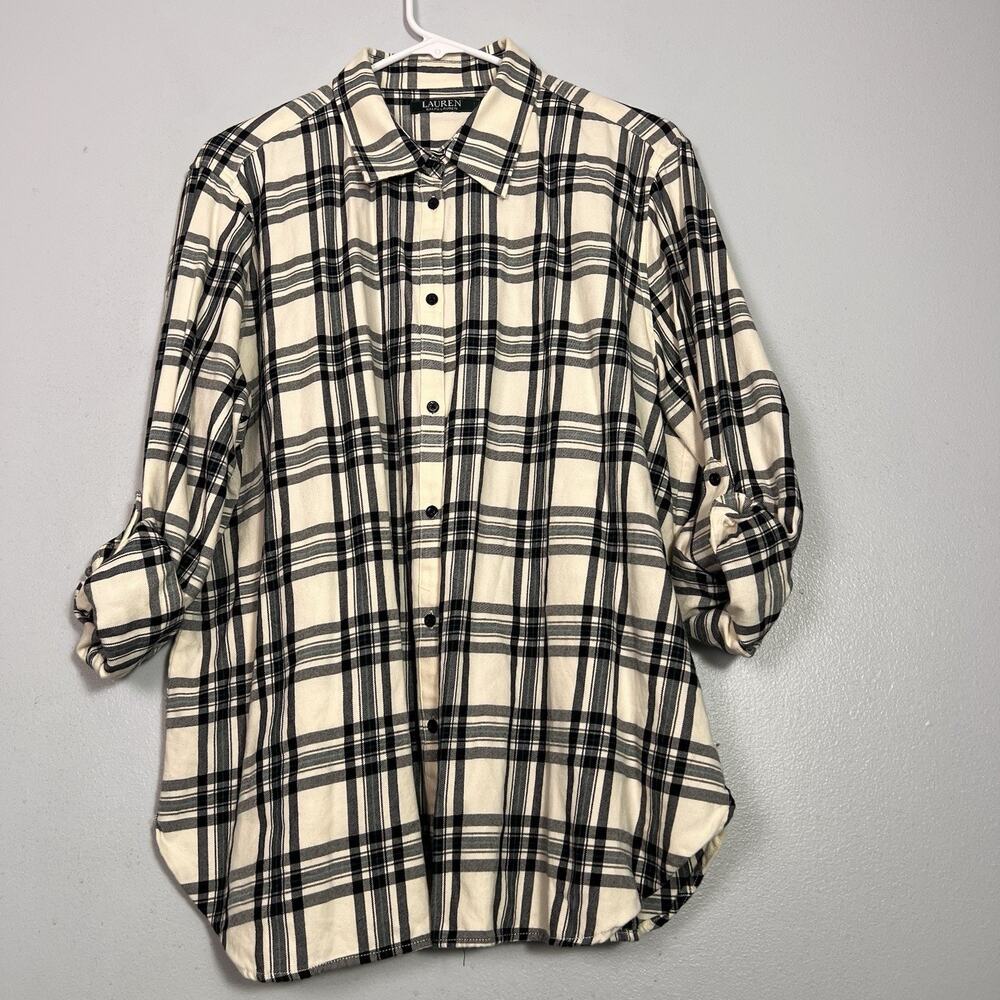 Ralph Lauren Women's Button Up Shirt Black White Plaid Sz XL Roll Tab Capsule